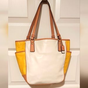 Coach Park Leather Color Block Tote Bag White & Yellow 14.5" X 12"